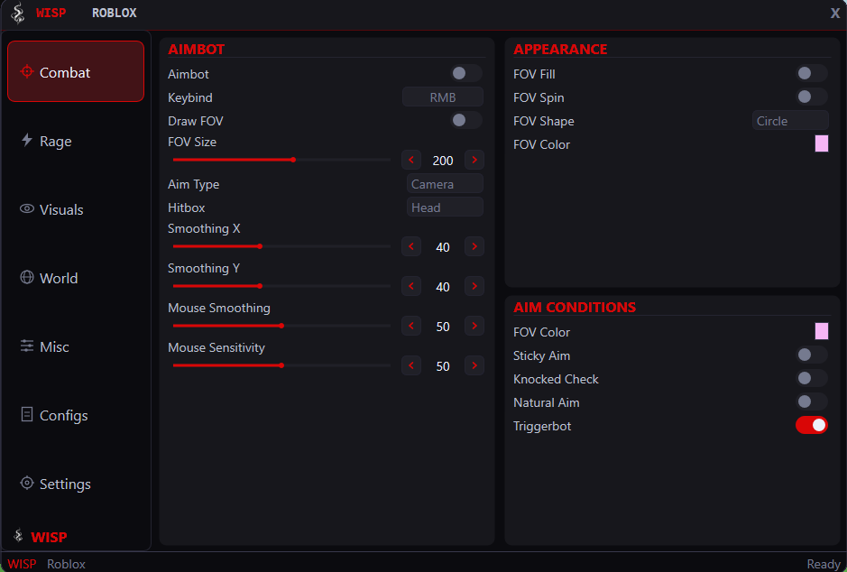 Roblox Wisp Combat interface with dedicated control groups